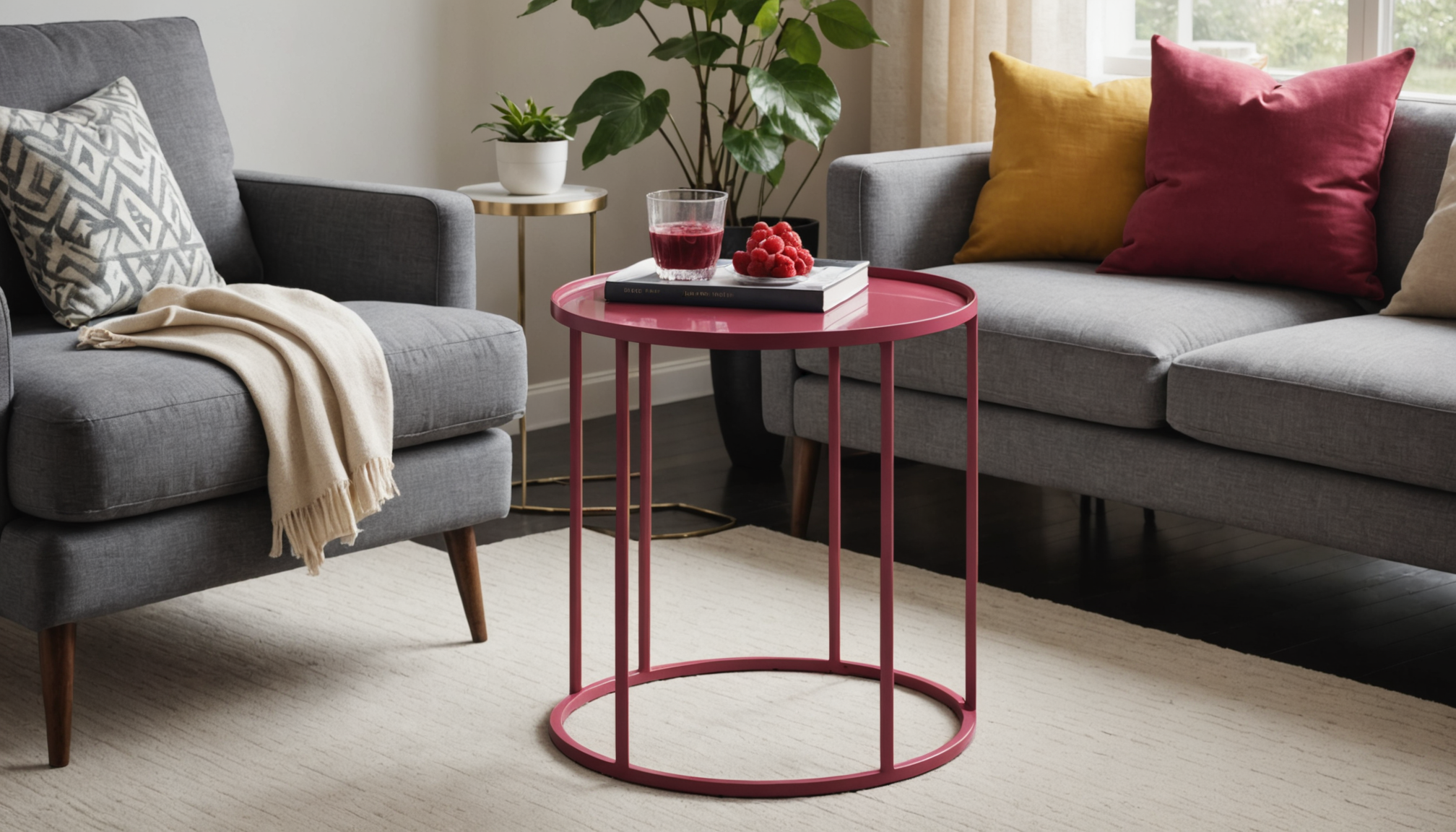 découvrez cette table d'appoint en acier couleur framboise, idéale pour égayer votre salon. disponible à 59,99 € chez maisons du monde, alliez style et praticité avec cette pièce tendance.