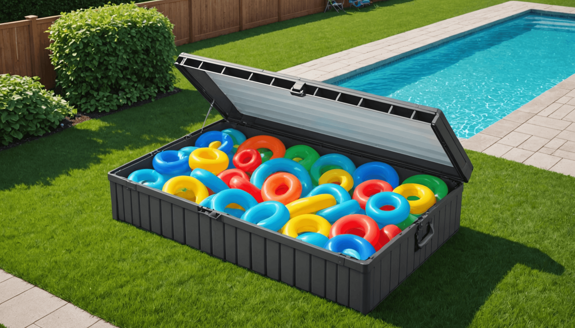 découvrez ce coffre astucieux à seulement 26,90 € pour organiser les accessoires de votre piscine et dire adieu aux bouées et frites éparpillées.