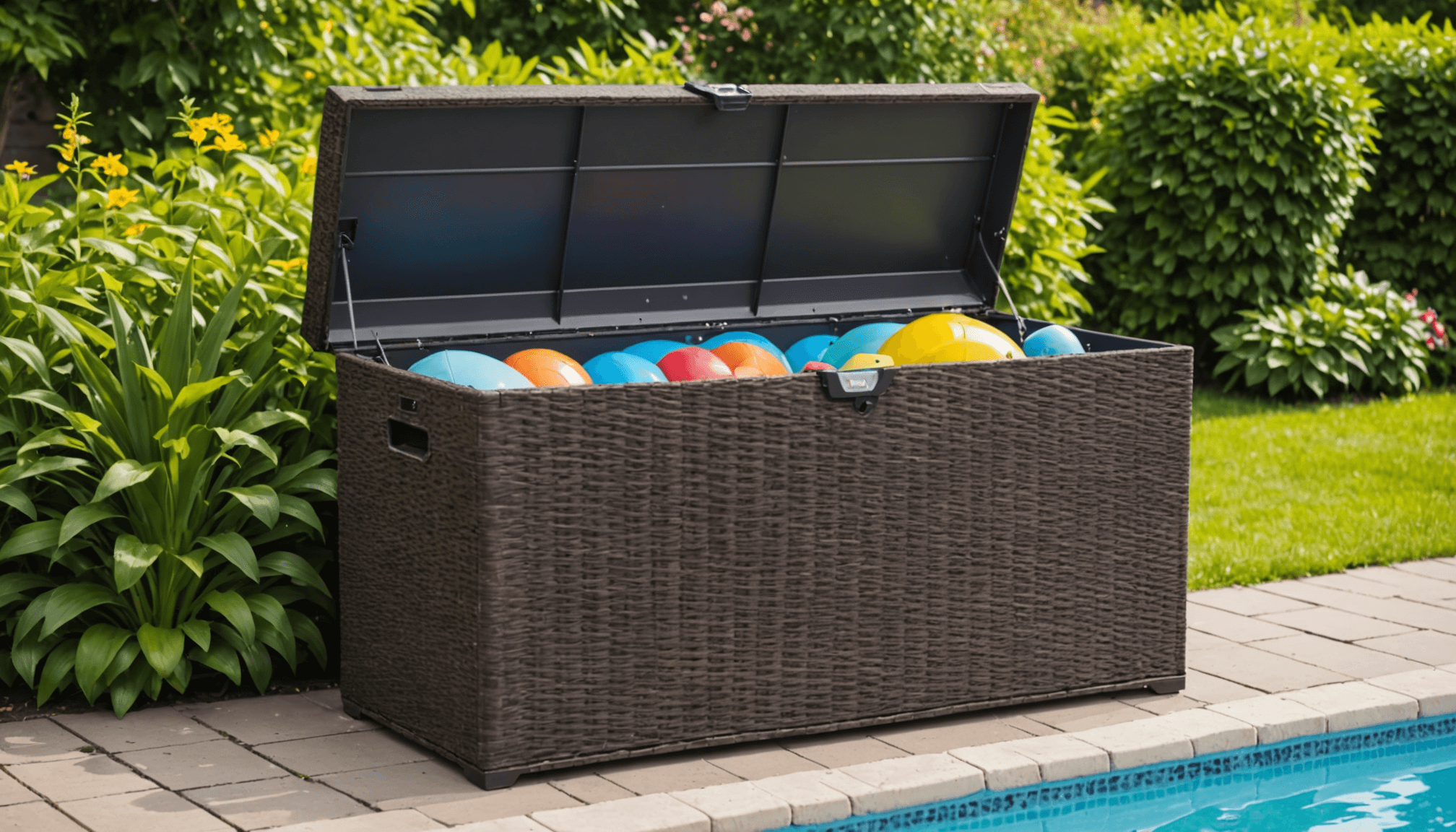 découvrez ce coffre astucieux à seulement 26,90 € que mon voisin a installé au bord de sa piscine pour ranger facilement bouées et frites, et dire adieu au désordre !