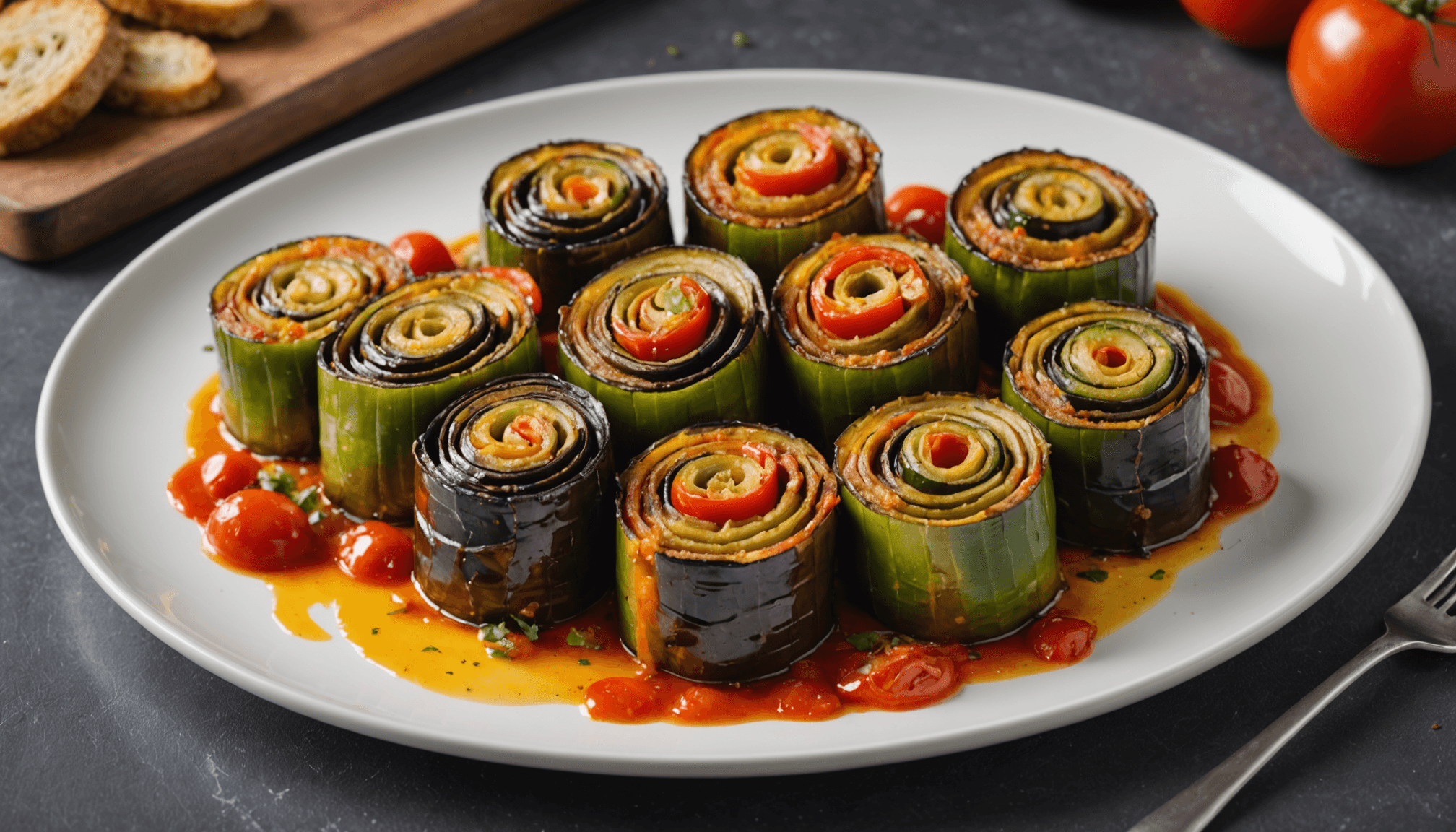 découvrez une nouvelle façon de savourer la ratatouille avec nos aubergines gratinées en rouleaux, une recette élégante et délicieuse pour un dîner chic et original.